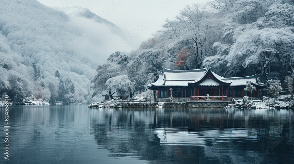 Fototapeta premium Beautiful Chinese Cultured River Front House With Reflect in Water Winter Landscape Background