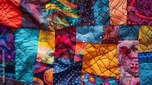 Creative patchwork collage with assorted vibrant fabric pieces, showcasing a variety of colors and textures, studio lighting