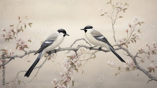 Magpies perched on plum tree branches traditional ink painting illustration abstract background decorative painting