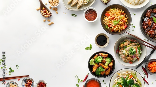 Authentic Top View Chinese Food Spread on White Background in High Definition 8K Resolution for Culinary Concepts and Designs