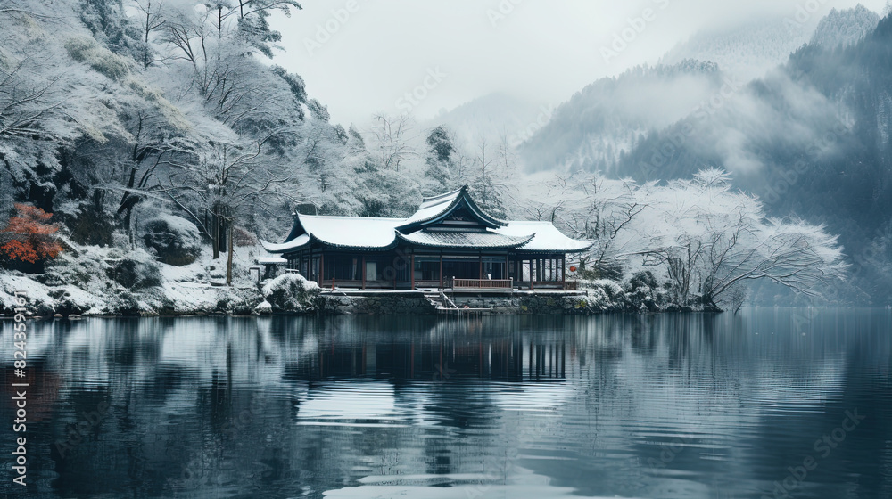 Fototapeta premium Beautiful Chinese Cultured River Front House With Reflect in Water Winter Landscape Background