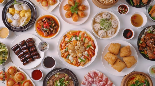 Wallpaper Mural Authentic Chinese Cuisine Spread on Plain White Background in High Definition 8K Quality - Top View Realistic Group of Dishes Torontodigital.ca
