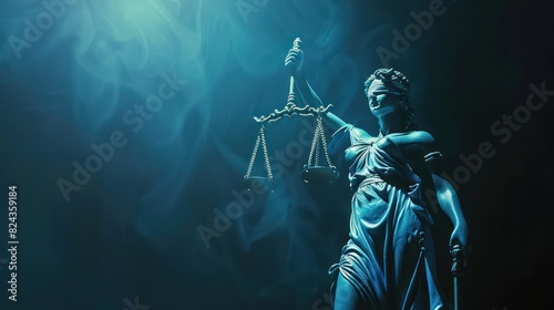 Illustrate the Statue of Lady Justice with a dramatic lighting effect on a dark background, leaving ample space for adding text or a law firm's tagline.