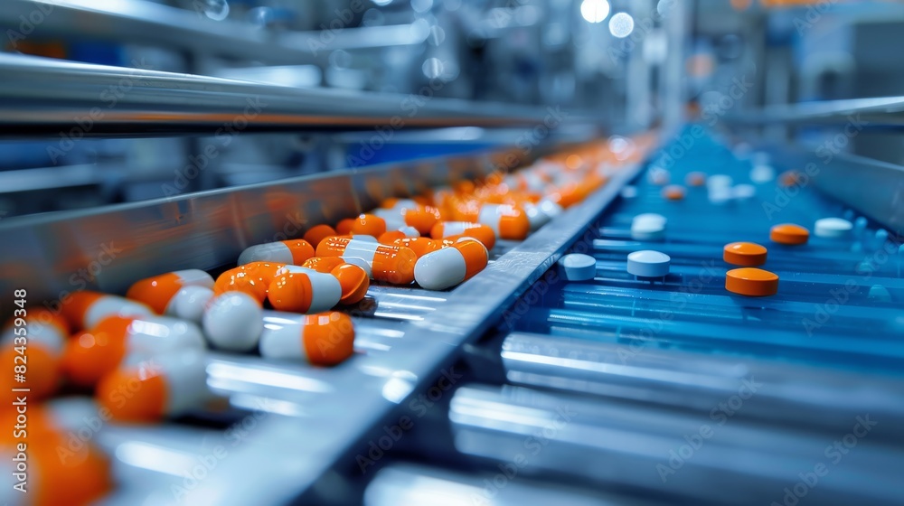 Close-up of pills being sorted on a high-speed conveyor system, sterile environment, pharmaceutical production Close-up of pills being sorted on a high-speed conveyor system, sterile environment, pharmaceutical production