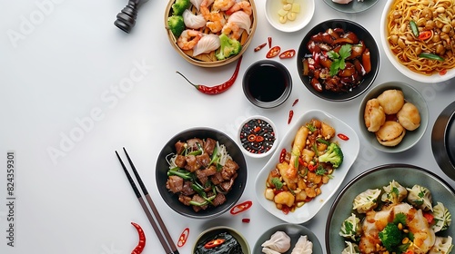 Authentic Chinese Cuisine Collection - Top View Realistic Group of Various Chinese Dishes on Plain White Background in HD 8K Resolution
