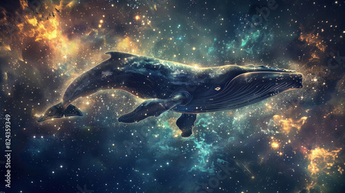 A majestic whale glides through the cosmos, surrounded by sparkling particle dust © Wararat