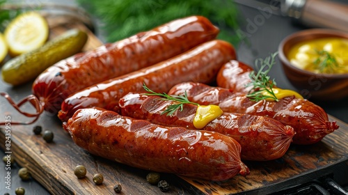 Close-up of juicy boiled sausages on a cutting board, accompanied by mustard and pickles, grey background