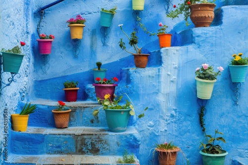 Colourful Chefchaouen Medina: Blue Staircase and Decorative Flowerpots in Morocco © Vlad