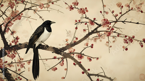Magpies perched on plum tree branches traditional ink painting illustration abstract background decorative painting photo