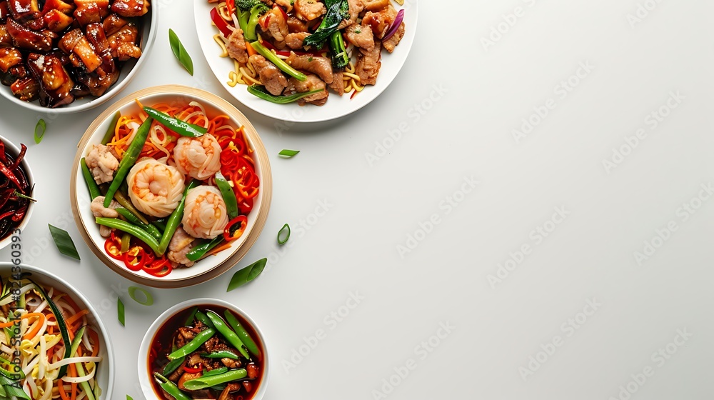 Authentic Chinese Food Spread from Above on White Background in High Definition 8K Resolution Authentic Chinese Food Spread from Above on White Background in High Definition 8K Resolution