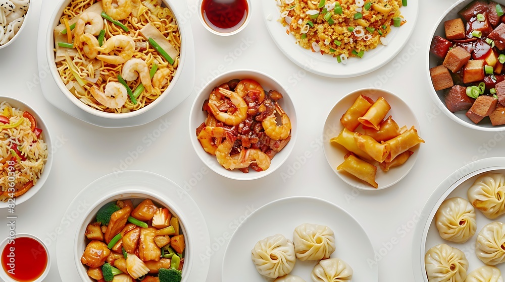 Authentic Chinese Cuisine Spread - Top View Realistic Group of Chinese Food on Plain White Background HD 8K Authentic Chinese Cuisine Spread - Top View Realistic Group of Chinese Food on Plain White Background HD 8K