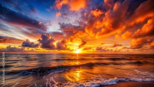 Sunset over the ocean with fiery clouds and gentle waves.