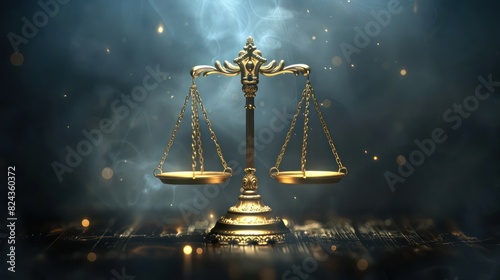 Show the Scales of Justice in front of a dark, dramatic background with glowing highlights, leaving space for promotional messages or legal information. 
