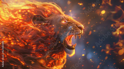 A roaring fantasy lion with blazing flames and ethereal glowing lights  representing untamed power and magical energy in a fantasy world.