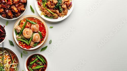 Authentic Chinese Food Spread from Above on White Background in High Definition 8K Resolution