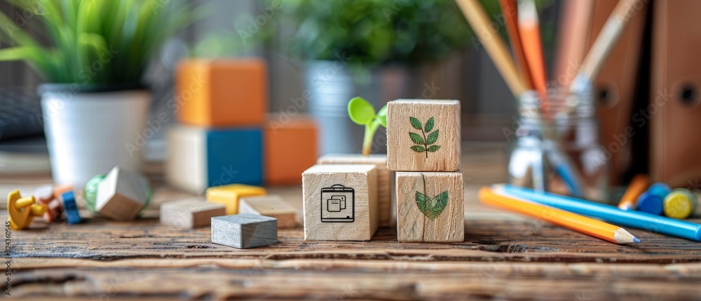 Wooden blocks with plant icons on a rustic table, surrounded by colorful pencils and blurred background of potted plants. Wooden blocks with plant icons on a rustic table, surrounded by colorful pencils and blurred background of potted plants.