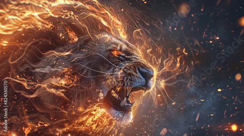 A roaring fantasy lion with blazing flames and ethereal glowing lights, representing untamed power and magical energy in a fantasy world.