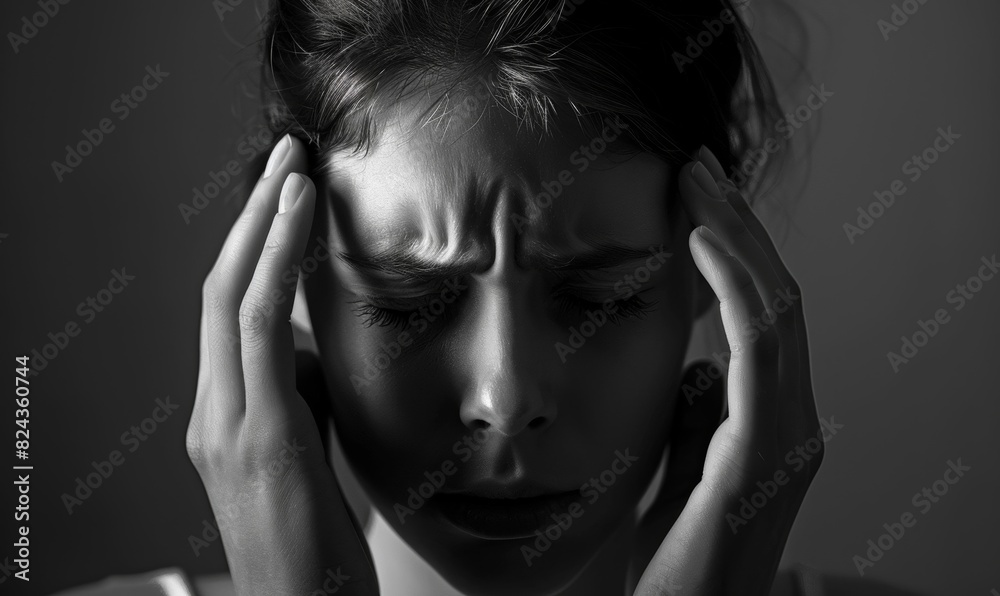 A person with a headache, holding their temples in discomfort, showing signs of pain and distress. A person with a headache, holding their temples in discomfort, showing signs of pain and distress.