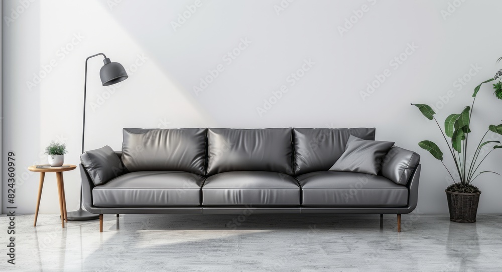 Modern gray leather sofa with matching side table and floor lamp against white wall Modern gray leather sofa with matching side table and floor lamp against white wall