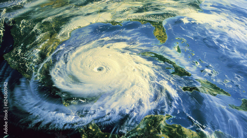 A hurricane over Florida, showcasing the swirling vortex and vast cloud cover, highlighting the storm's immense size and strength.