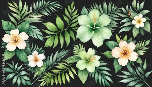 Watercolor of Tropical spring floral green leaves and flowers s isolated on transparent png background  bouquets greeting or wedding card decoration  with Generative Ai