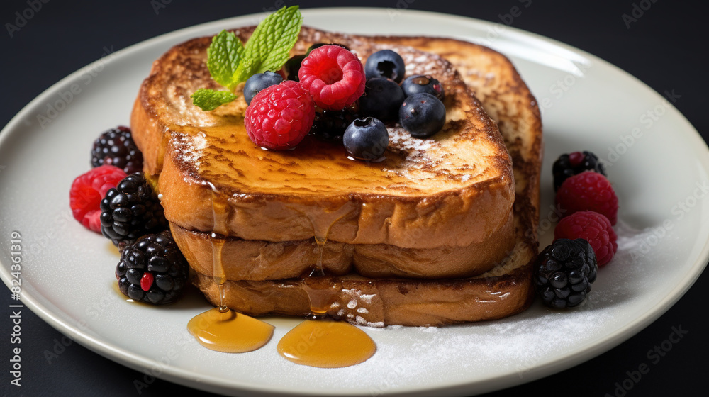 French Toast In White Plate Garnished With Strawberries and Coriander Leaf's on Blurry White Background French Toast In White Plate Garnished With Strawberries and Coriander Leaf's on Blurry White Background