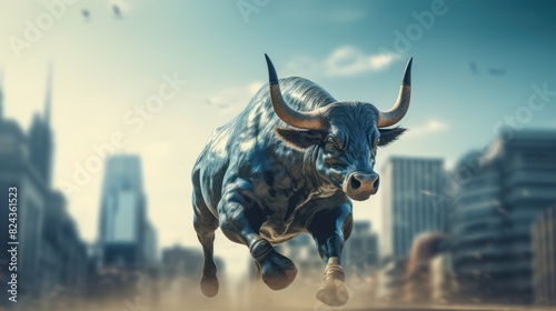 One Bull walking along ascending stock market arrow, 