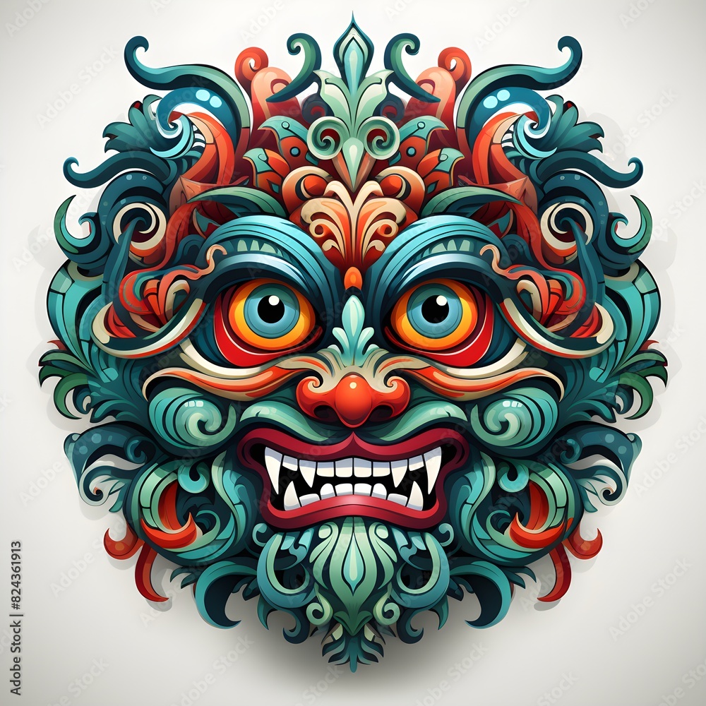Mask design in traditional balinese motifs, indian mask, colorful cartoon, dynamic and exaggerated facial expressions on white background Mask design in traditional balinese motifs, indian mask, colorful cartoon, dynamic and exaggerated facial expressions on white background