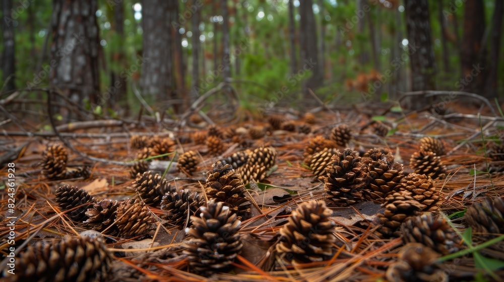Pine cones scattered on the forest floor Pine cones scattered on the forest floor