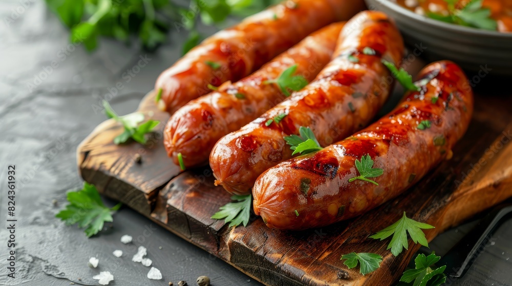 Boiled sausages neatly arranged on a rustic wooden board, garnished with fresh herbs, grey background Boiled sausages neatly arranged on a rustic wooden board, garnished with fresh herbs, grey background