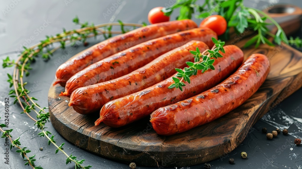 Boiled sausages neatly arranged on a rustic wooden board, garnished with fresh herbs, grey background Boiled sausages neatly arranged on a rustic wooden board, garnished with fresh herbs, grey background