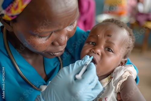 Nurse making infant oral vaccination against virus infection. Children health.