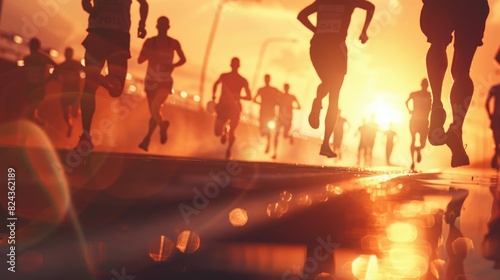 A high-quality image of a marathon race with runners sprinting towards the finish line, highlighted by professional lighting and copy space