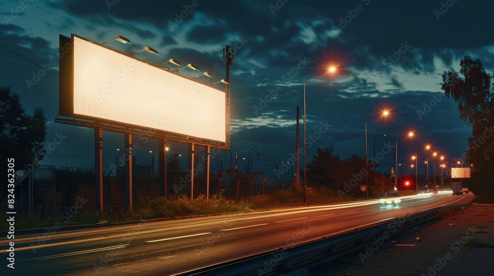 Blank billboard on an empty road at night, bathed in the glow of streetlights, tranquil nighttime scene Blank billboard on an empty road at night, bathed in the glow of streetlights, tranquil nighttime scene