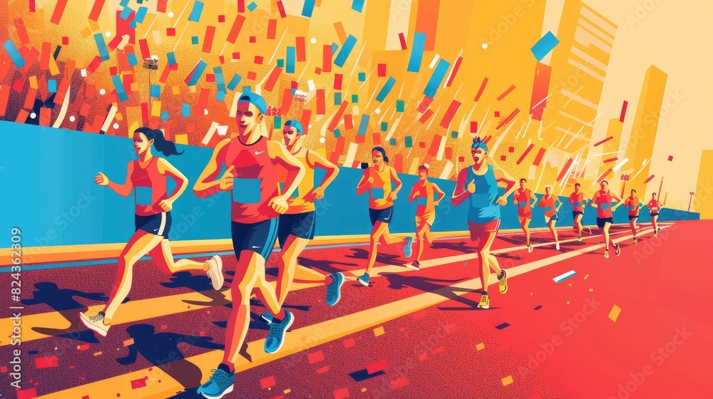 A detailed illustration of a marathon event showing runners crossing the finish line, capturing the spirit of the race with space for text A detailed illustration of a marathon event showing runners crossing the finish line, capturing the spirit of the race with space for text