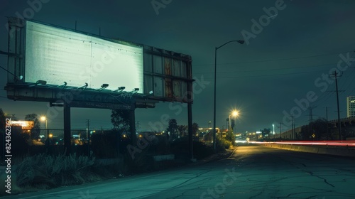 Blank billboard on an empty road at night, bathed in the glow of streetlights, tranquil nighttime scene