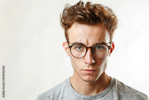 Intense gaze of young Caucasian man with nerd fashion, isolated on white