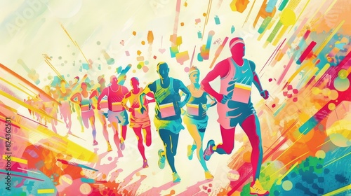 An illustration of marathon runners reaching the finish line  filled with vibrant colors and emotions  with plenty of space for text