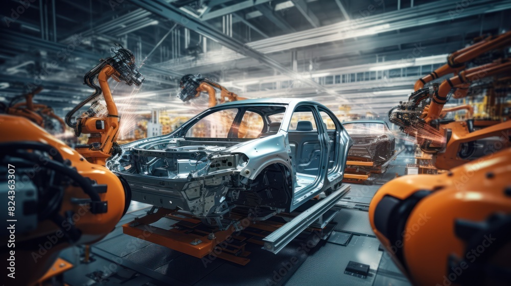 Fototapeta premium robotic is assembling cars in a factory 