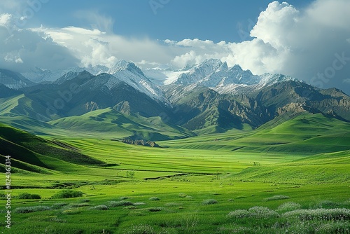 Snow capped mountains and grassland pastures