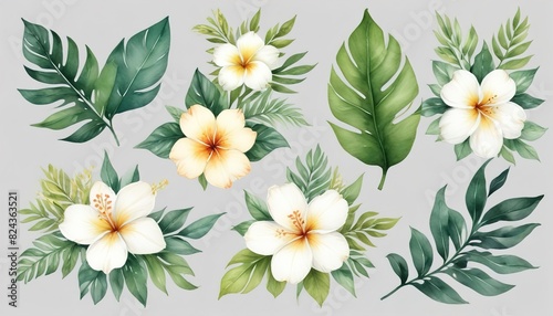 Watercolor of Tropical spring floral green leaves and flowers s isolated on transparent png background, bouquets greeting or wedding card decoration, with Generative Ai
