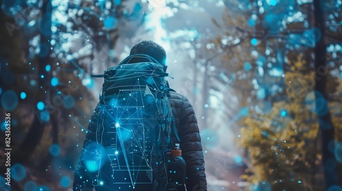 A backpacking journey mixed with the determination of a successful entrepreneur, enhancing the visual with a hitech, holographic concept, and a blurry background photo
