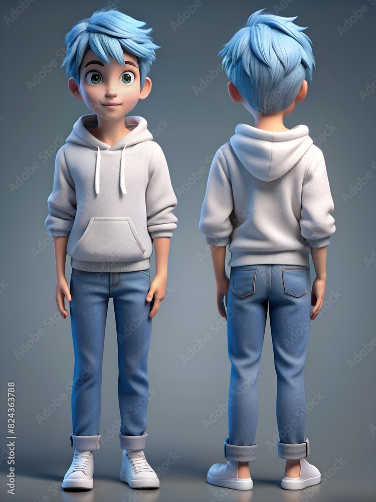 3d old boy light blue hair white hoodie 3d old boy light blue hair white hoodie