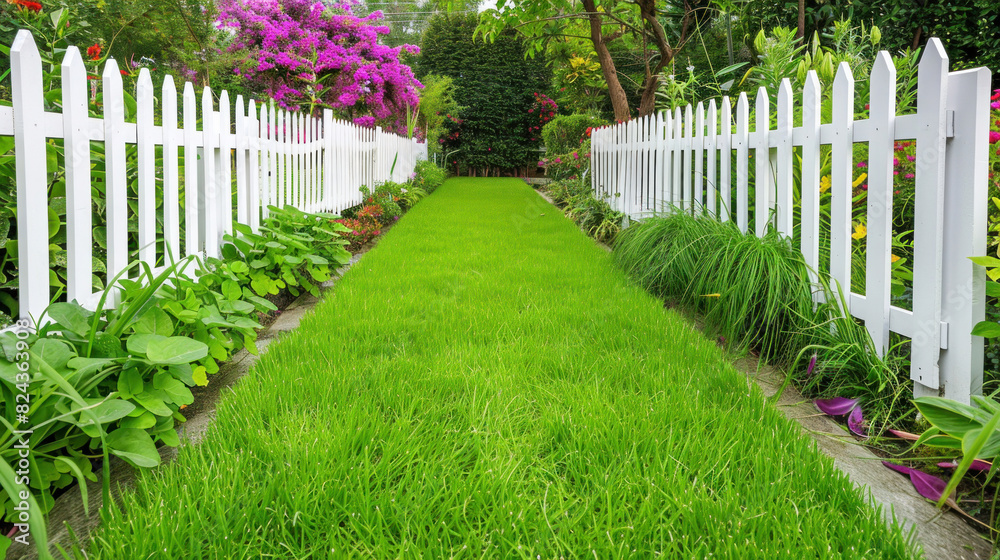 White picket fence surrounds a verdant garden of emerald green grass, epitomizing the charm and vitality of springtime. White picket fence surrounds a verdant garden of emerald green grass, epitomizing the charm and vitality of springtime.