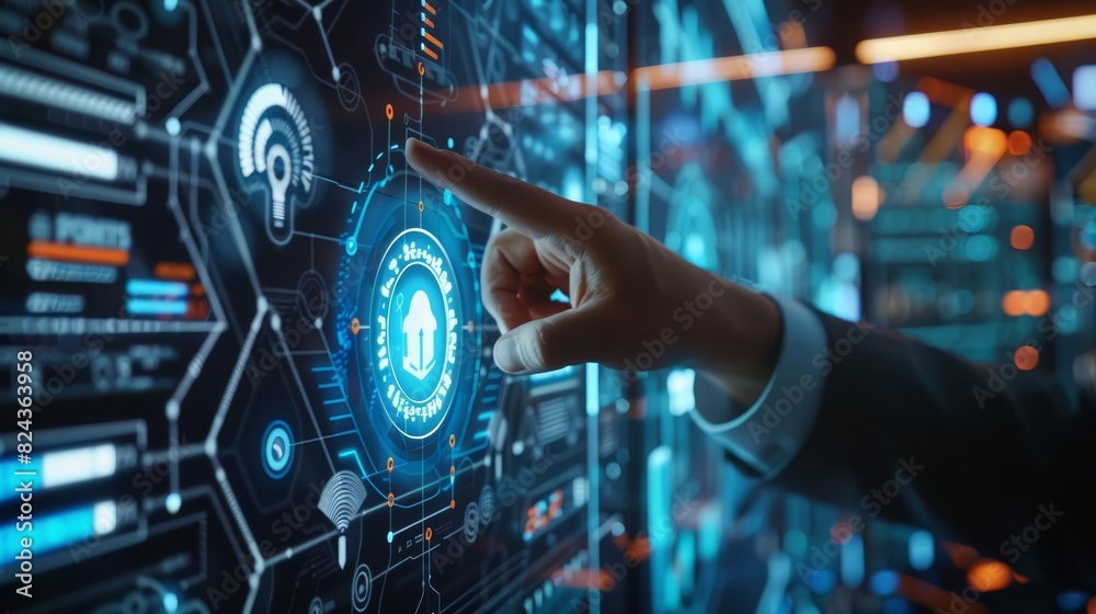 A close up of a businessman pointing at a cybersecurity icon A close up of a businessman pointing at a cybersecurity icon