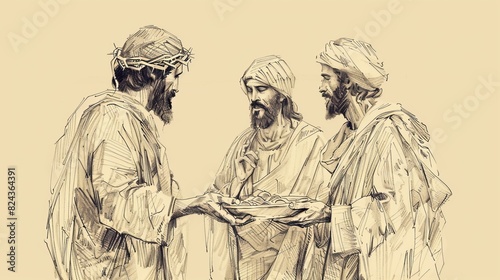 Biblical Illustration of Jesus Feeding His Disciples After Resurrection, Ideal for article © T Studio