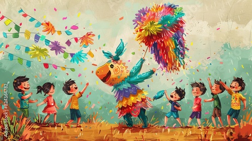 Detailed cartoon vector of children hitting a pi    ata at a Cinco de Mayo party  with candy and treats spilling out as they celebrate Generative AI