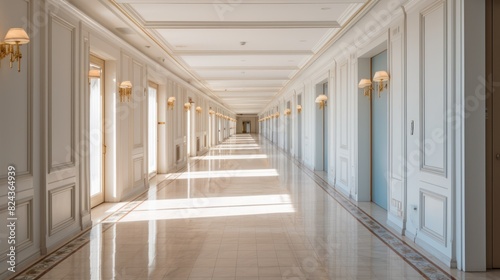 corridor is between the rooms of a luxury hotel. 