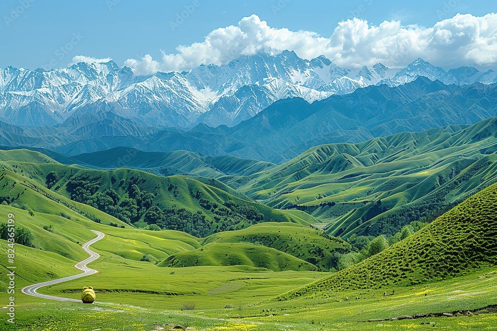 Fototapeta premium Snow capped mountains and grassland pastures
