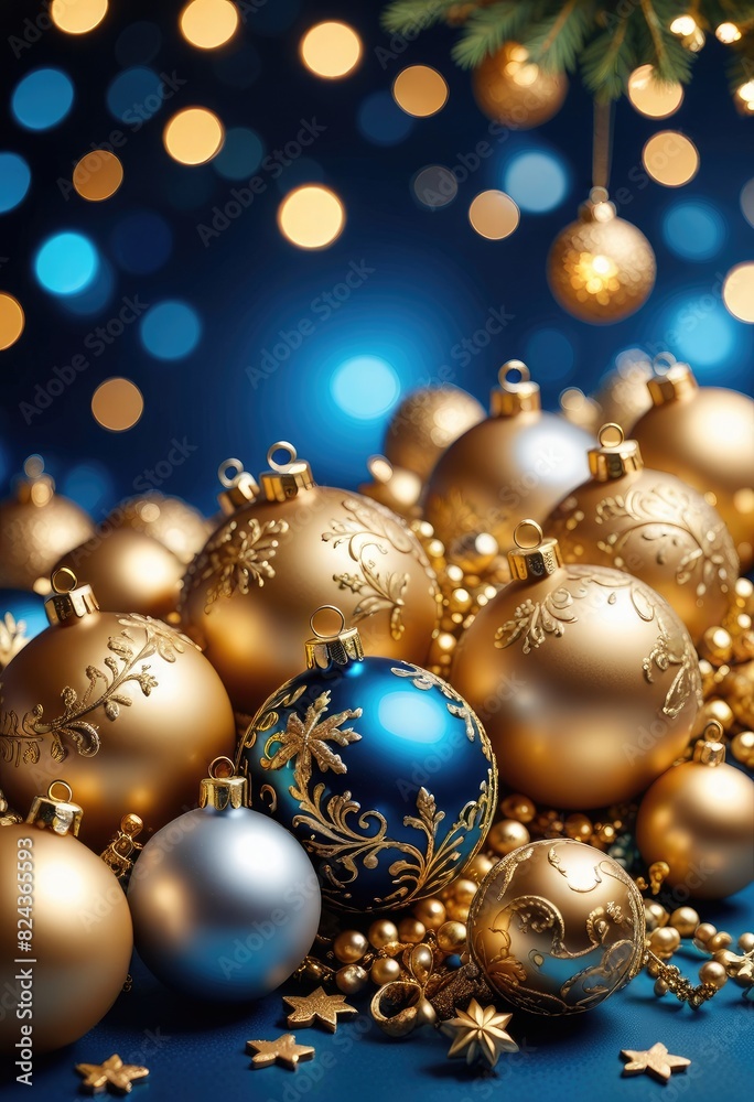 A festive Christmas background adorned with golden Christmas balls and decorations against a vibrant blue backdrop A festive Christmas background adorned with golden Christmas balls and decorations against a vibrant blue backdrop
